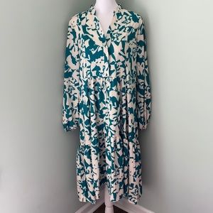 SUNDAYUP Teal Cream Patterned Tiered Midi Babydoll dress Long Sleeve